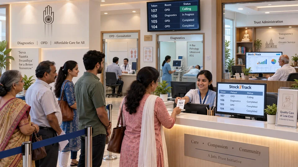Illustration of patients queuing in order at a charitable clinic reception while a token is printed from Stock2Track