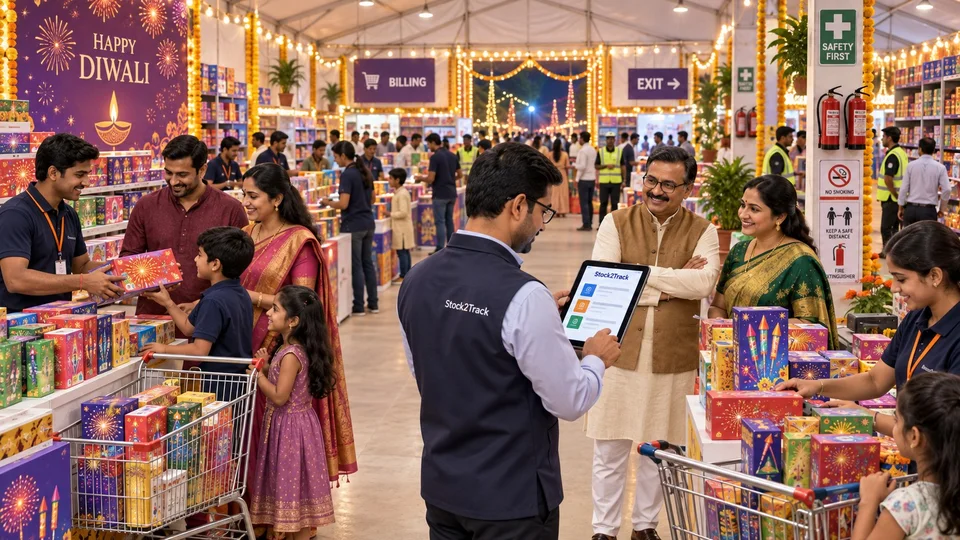 Illustration of a Diwali crackers exhibition with families filling carts while a lead raises a quotation on a Stock2Track mobile