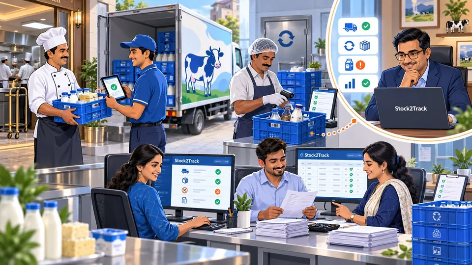 Illustration of dairy crates being delivered to a hotel chef while the operations team manages orders on Stock2Track