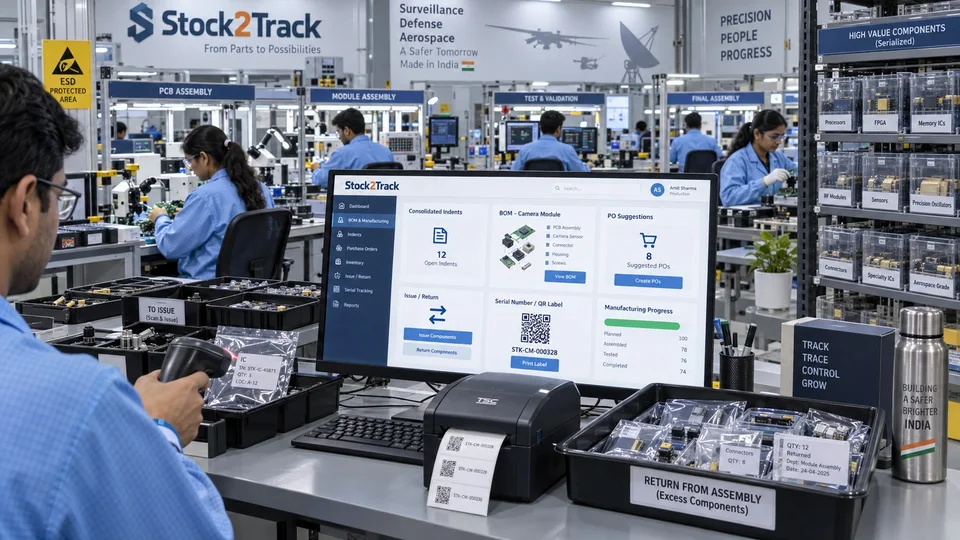Illustration of an electronics assembly floor where a technician scans serial-numbered components issued from Stock2Track