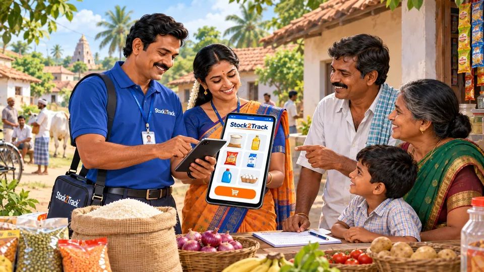 Illustration of a village agent taking a family's grocery order on the Stock2Track app