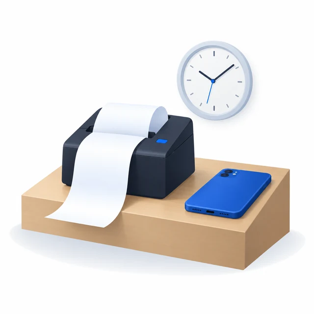 A bill printer printing a receipt, beside a face-down phone and a clock