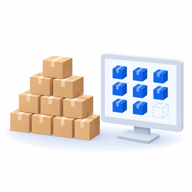 A stack of cartons beside a screen showing fewer boxes, with one position left as an empty outline
