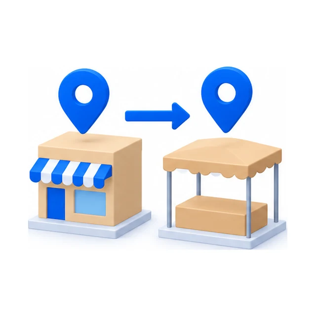 A shop and an open-sided stall side by side, each under an identical location pin