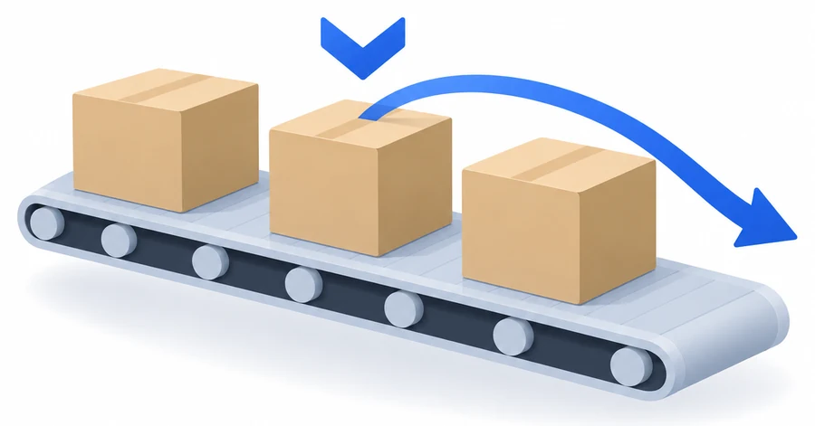 Three cartons on a track: the one leaving is not the one at the front of the queue