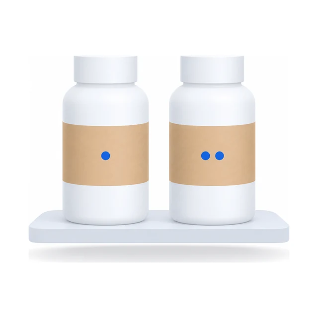Two identical bottles side by side, one marked with a single dot and one with two