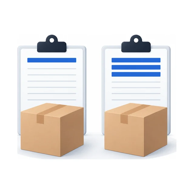 Two clipboards: one carrying a single line, the other carrying three, with a carton before each