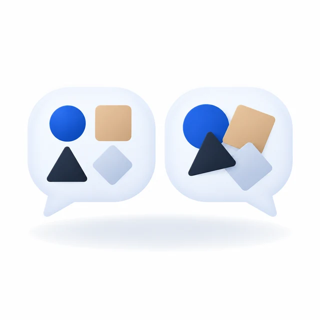 Two speech bubbles holding the same four shapes, neatly arranged in one and scattered in the other