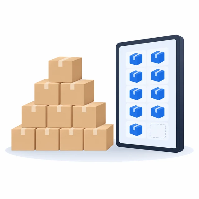 A stack of cartons beside a screen showing one fewer box, with an empty outline in its place