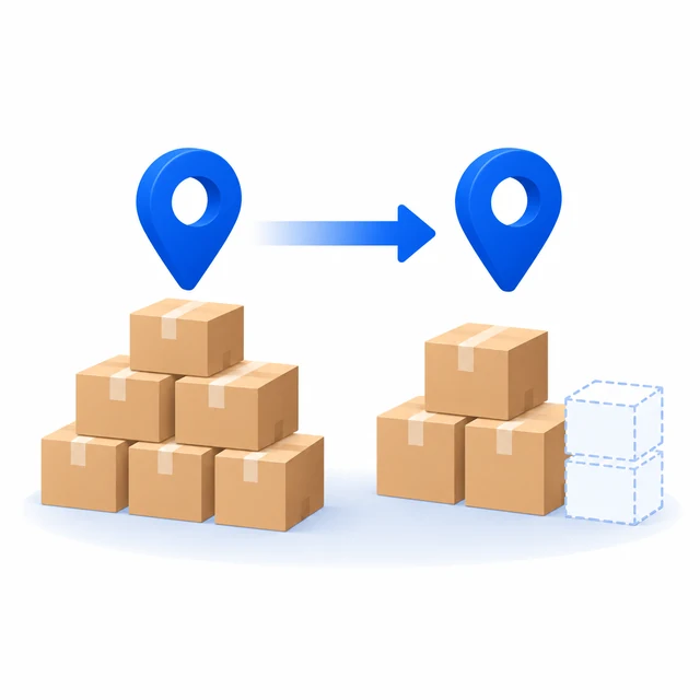 Two location pins joined by an arrow, with a taller stack of cartons at the sending end than at the receiving end