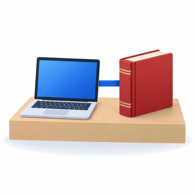 A laptop and a cloth-bound ledger book standing side by side, joined by a short bar