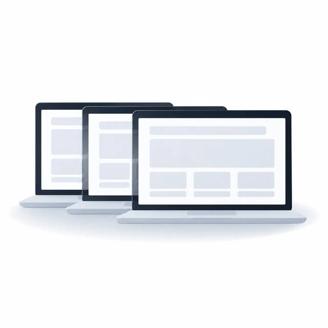 Three overlapping laptop screens showing near-identical grey layouts