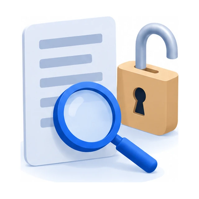 A magnifying glass over a record, beside a padlock hanging open