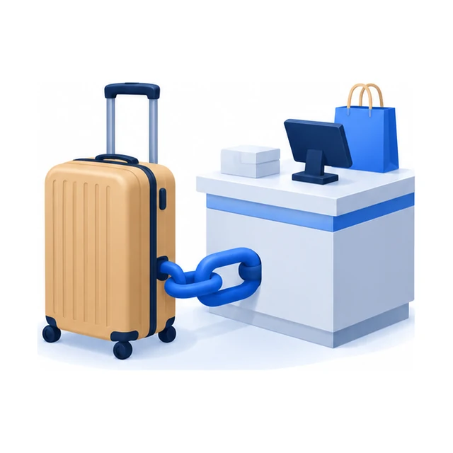A packed suitcase standing ready beside a shop counter, linked to it by a single chain link