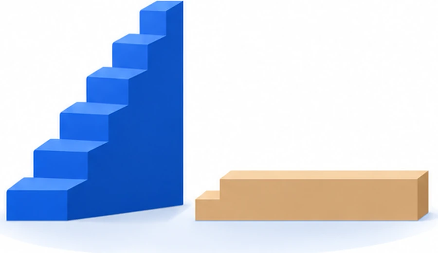 Two staircases: one climbing in even steps, the other rising one step and then running flat