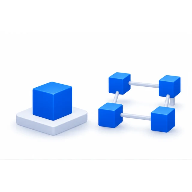A single cube sitting on a tray, beside four cubes linked into an open square with nothing in the middle