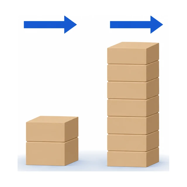 Two identical arrows, one above a stack of two boxes and one above a stack of seven