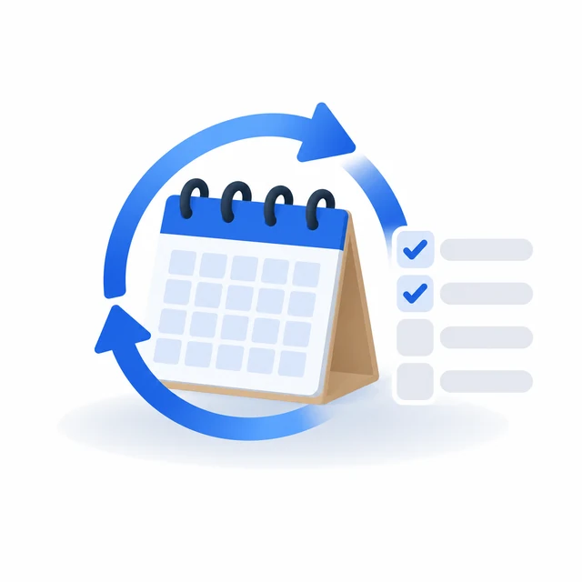 A desk calendar inside a repeating arrow loop, beside a checklist with the first two items ticked