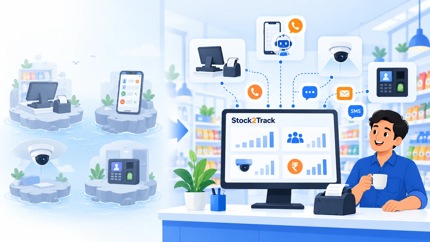 Illustration: four separate systems on islands (billing counter, call phone, CCTV camera, attendance machine) joined into one Stock2Track platform, with the owner watching one dashboard and alerts by phone call, chat, email and SMS