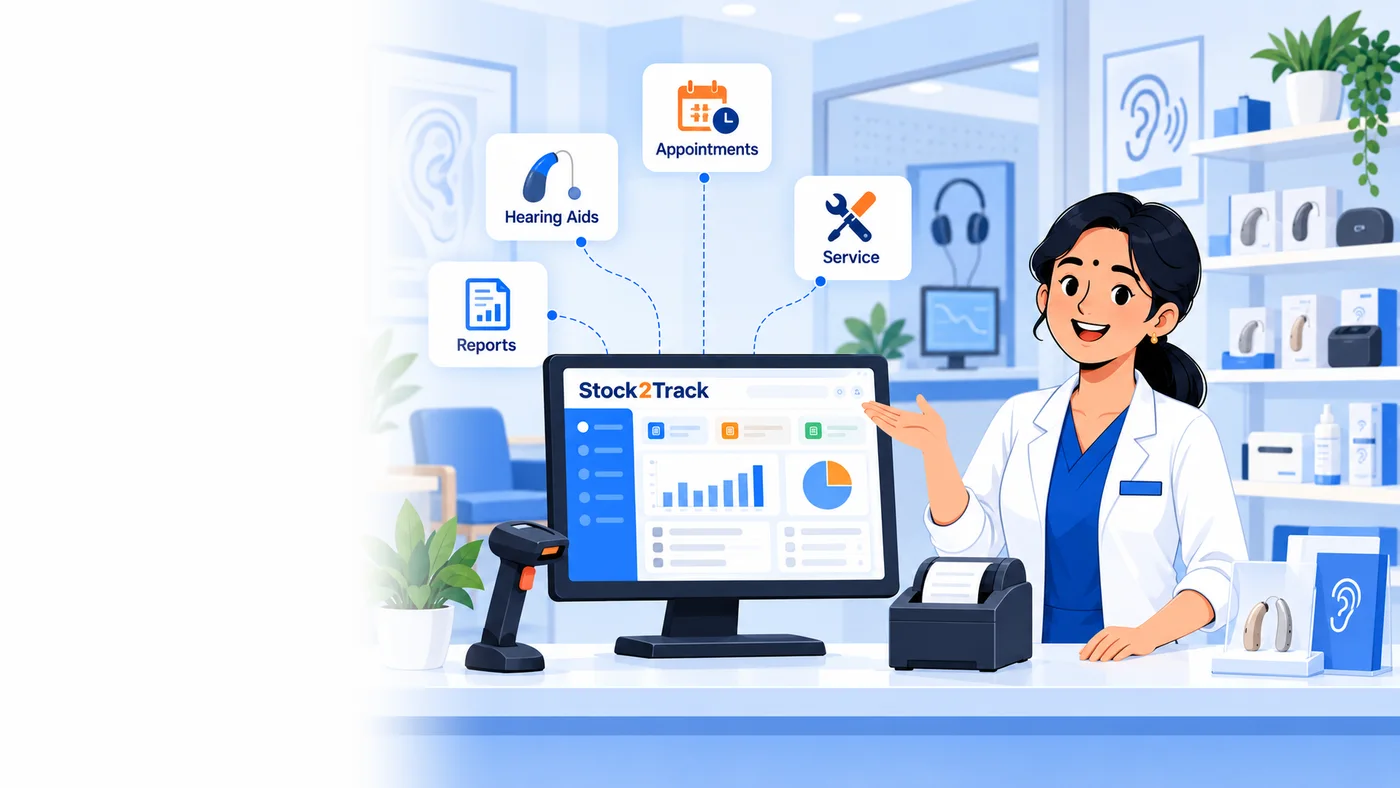 Illustration of Stock2Track at the counter of an audiology and hearing care centre
