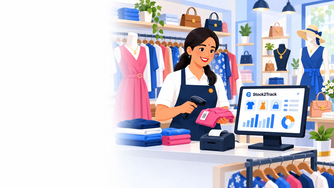 Illustration of Stock2Track at the counter of a garments and fashion business