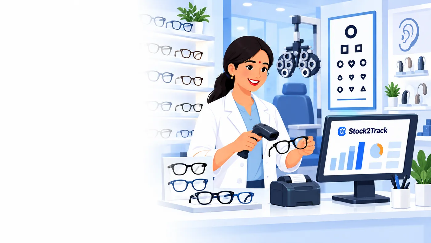 Illustration of Stock2Track at the counter of a opticals business