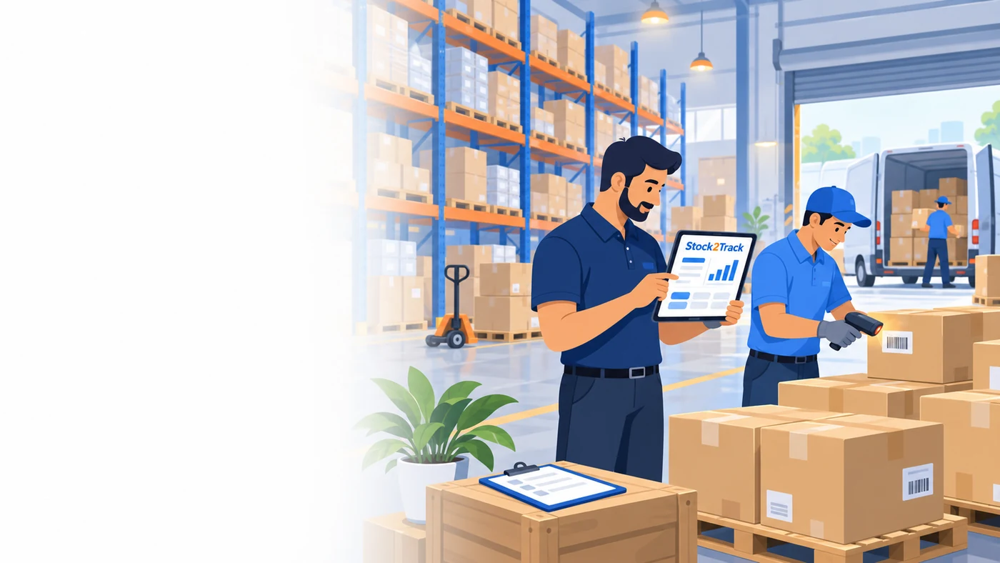 Illustration of a distribution warehouse running Stock2Track, with a van being loaded against a route