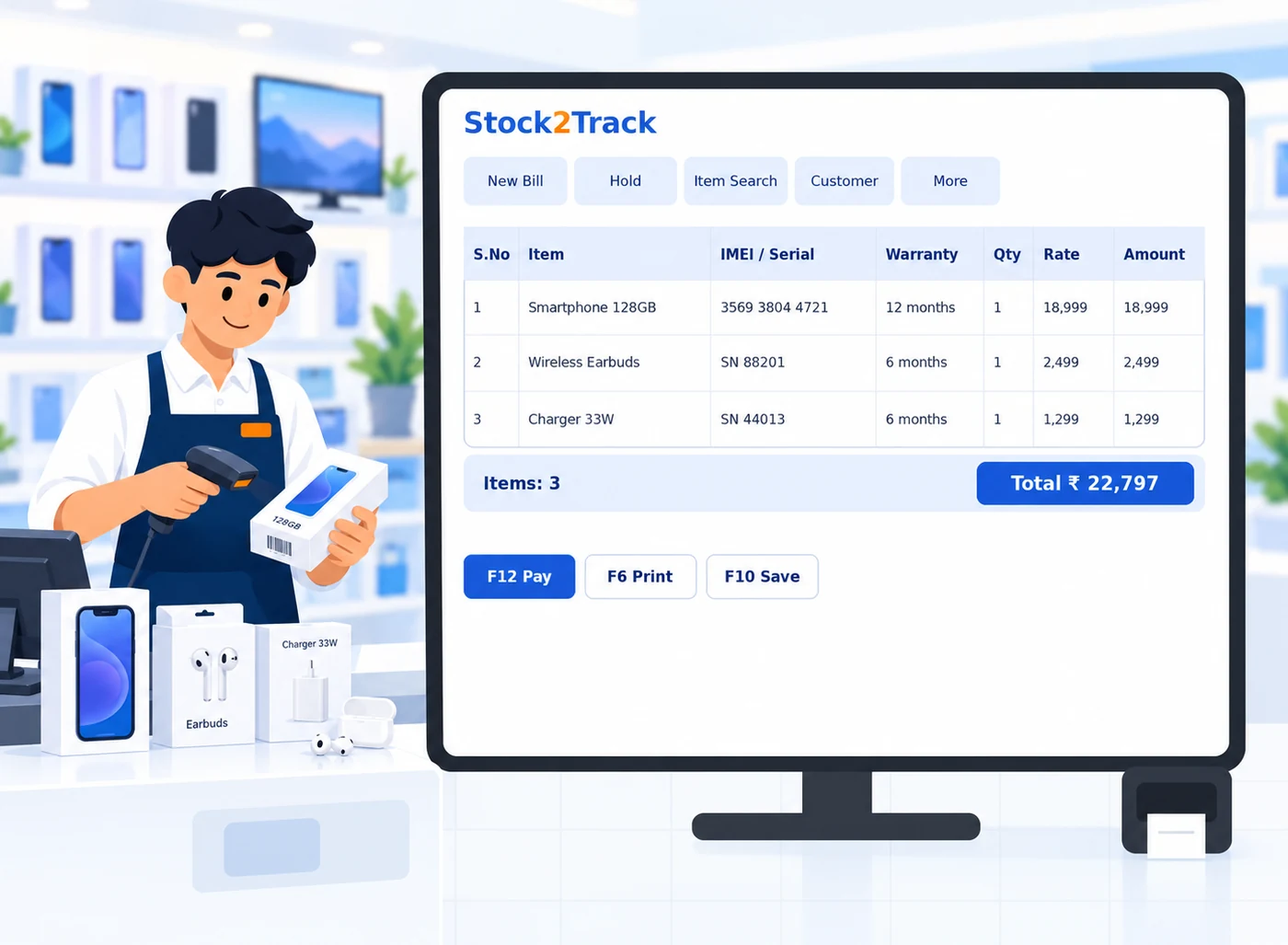 Illustration of an electronics counter running Stock2Track, with an IMEI captured on the bill line